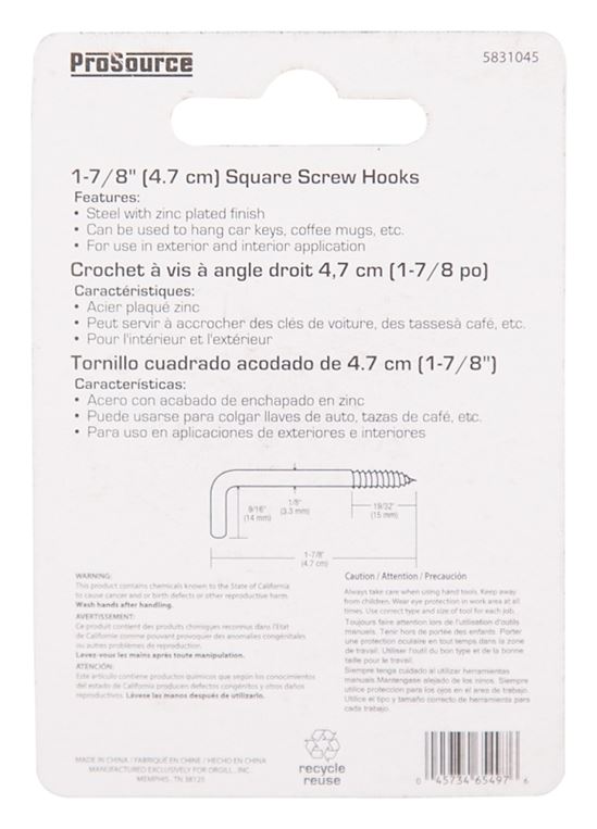 ProSource LR-398-PS Screw Hook, 9/16 in Opening, 3.8 mm Thread, 1-7/8 in L, Steel, Zinc - VORG5831045