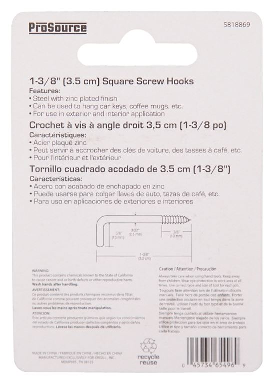 ProSource LR-399-PS Screw Hook, 3/8 in Opening, 3 mm Thread, 1-3/8 in L, Steel, Zinc - VORG5818869