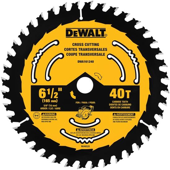 DeWALT DWA161240 Circular Saw Blade, 6-1/2 in Dia, 5/8 in Arbor, 40-Teeth