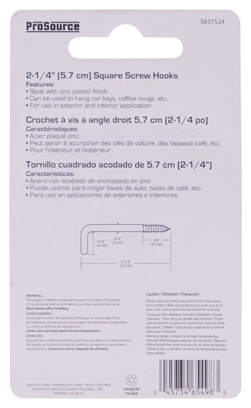 ProSource LR-397-PS Screw Hook, 9/16 in Opening, 4.5 mm Thread, 2-1/4 in L, Steel, Zinc - VORG5831524