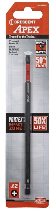 Crescent APEX Vortex CAVB6PH2 Impact Power Bit, #2 Drive, Phillips Drive, 1/4 in Shank, Hex Shank, 6 in L, Steel, Pack of 4 - VORG7410871