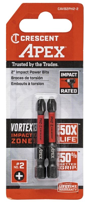 Crescent APEX Vortex CAVB2PH2-2 Impact Power Bit, #2 Drive, Phillips Drive, 1/4 in Shank, Hex Shank, 2 in L, Steel, Pack of 4 - VORG7410822