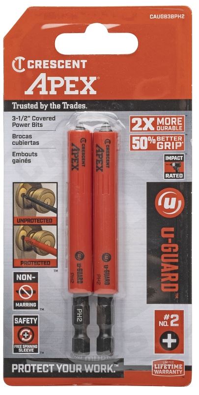 Crescent APEX u-GUARD CAUGB3BPH2 Covered Impact Power Bit, #2 Drive, Phillips Drive, 1/4 in Shank, Hex Shank, Steel, Pack of 4 - VORG7410558