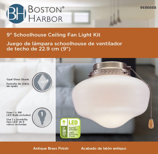 Boston Harbor Schoolhouse Light Kit, Opal Glass, Antique Brass, Antique Brass - VORG9686668