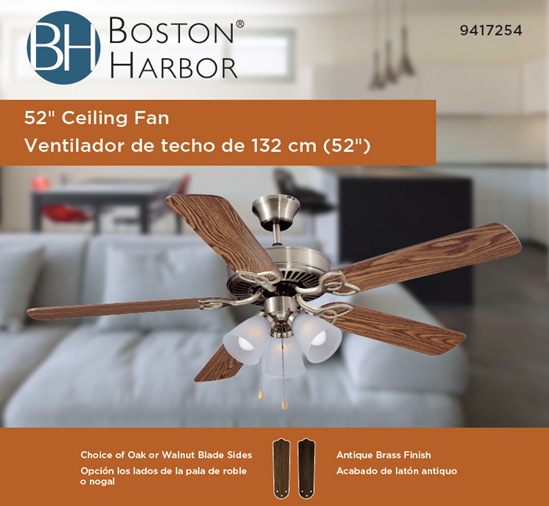 Boston Harbor CF-78042 Ceiling Fan, 5-Blade, Oak/Walnut Blade, 52 in Sweep, 3-Speed, With Lights: Yes - VORG9417254