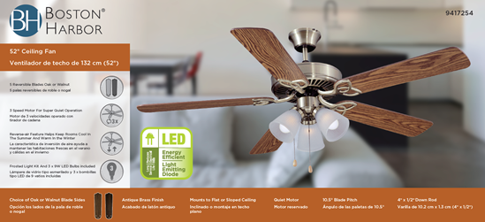 Boston Harbor CF-78042 Ceiling Fan, 5-Blade, Oak/Walnut Blade, 52 in Sweep, 3-Speed, With Lights: Yes - VORG9417254