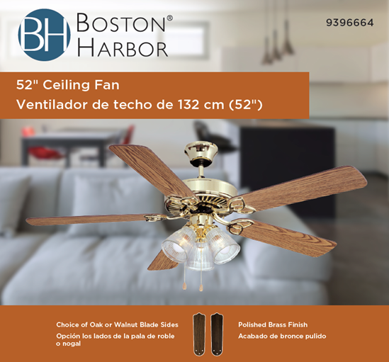 Boston Harbor CF-78043 Ceiling Fan Light Kit, 5-Blade, Oak/Walnut Blade, 52 in Sweep, 3-Speed, With Lights: Yes - VORG9396664