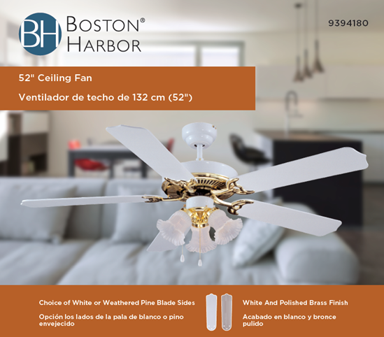 Boston Harbor CF-78025L Ceiling Fan, 0.8 A, 120 V, 5-Blade, 52 in Sweep, 2942 cfm Air - VORG9394180