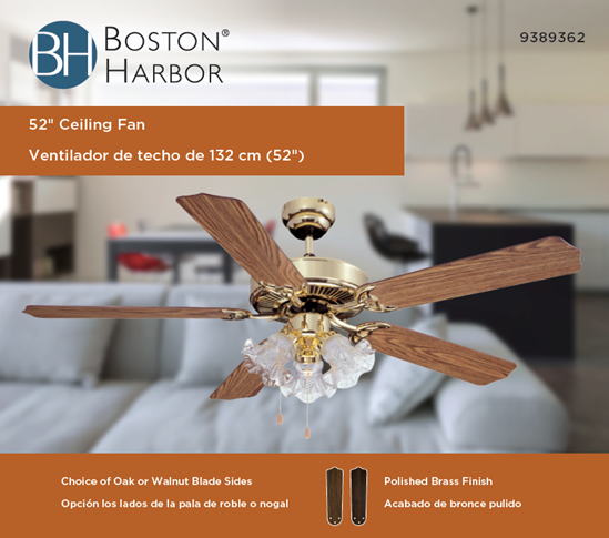 Boston Harbor CF-78021L Ceiling Fan Light Kit, 5-Blade, Oak/Walnut Blade, 52 in Sweep, 3-Speed, With Lights: Yes - VORG9389362