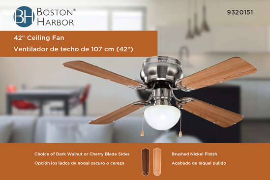 Boston Harbor 42-742T-MR-EN-BN Ceiling Fan, 4-Blade, Dark Walnut/Cherry Blade, 42 in Sweep, 3-Speed, With Lights: Yes - VORG9320151