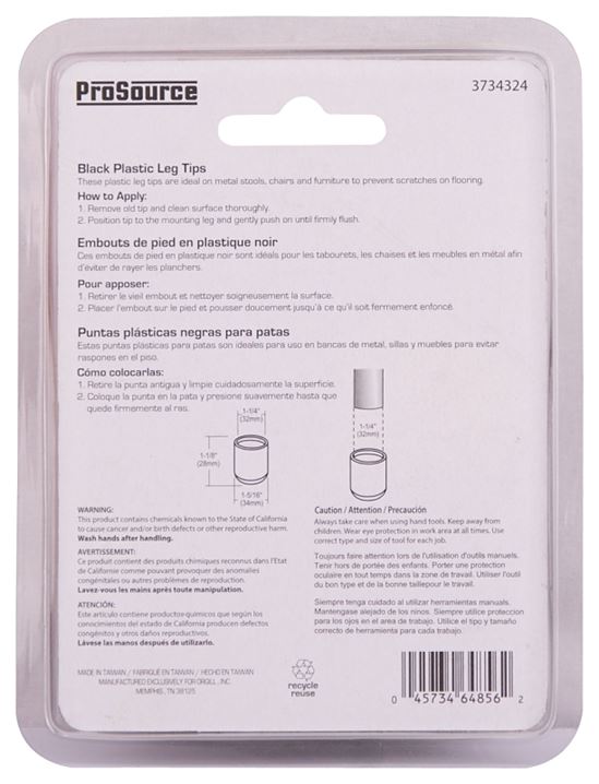 ProSource FE-50606-PS Furniture Leg Tip, Round, Plastic, Black, 1-1/4 in Dia, 1-1/8 in H - VORG3734324