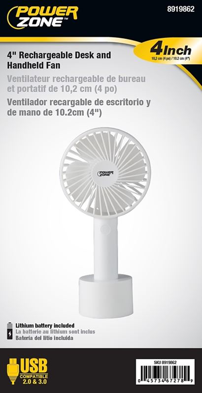 PowerZone 802W Rechargeable Handheld Fan, 5 VAC, 4 in Dia Blade, 4-Blade, 3-Speed, White - VORG8919862