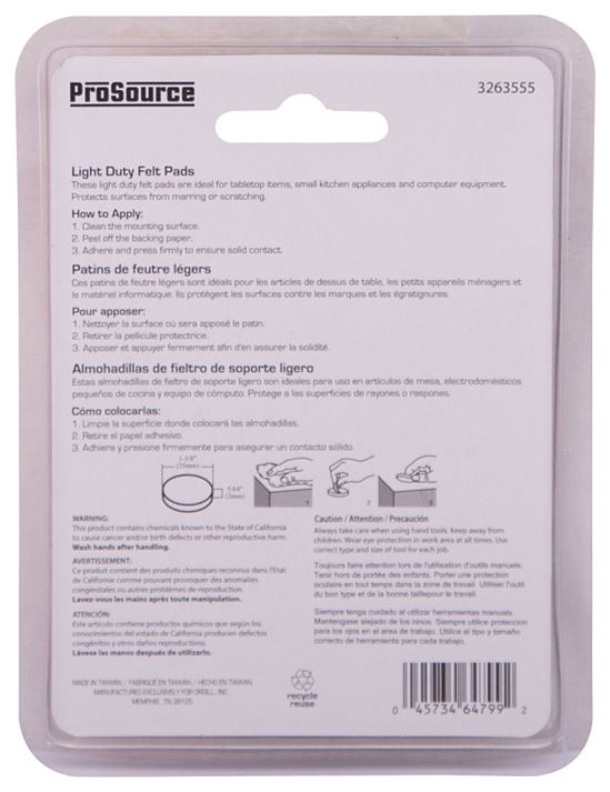 ProSource FE-50225-PS Furniture Pad, Felt Cloth, White, 1-3/8 in Dia, 5/64 in Thick, Round - VORG3263555