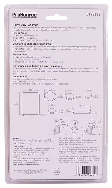 ProSource FE-50209-PS Furniture Pad, Felt Cloth, Beige, 4-1/2 x 6, 1/2, 1, 5/8, 3/4 and 2-3/4 x 1/2 in Dia - VORG3192119