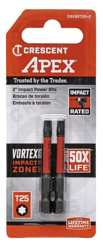 Crescent APEX Vortex CAVB2T25-2 Impact Power Bit, T25 Drive, Torx Drive, 1/4 in Shank, Hex Shank, 2 in L, Steel, Pack of 4 - VORG7410855