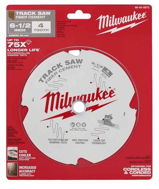 Milwaukee 48-40-0670 Track Saw Blade, 6-1/2 in Dia, 20 mm Arbor, 4-Teeth, Tungsten Carbide Cutting Edge - VORG8350712