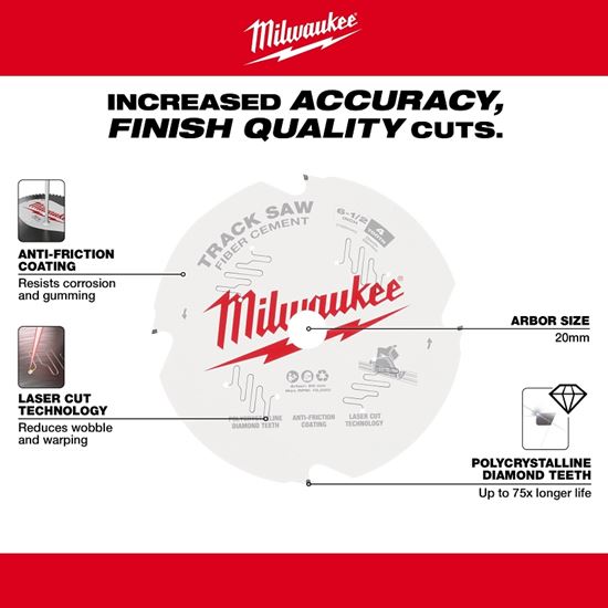 Milwaukee 48-40-0670 Track Saw Blade, 6-1/2 in Dia, 20 mm Arbor, 4-Teeth, Tungsten Carbide Cutting Edge - VORG8350712