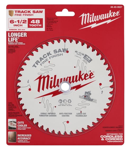 Milwaukee 48-40-0627 Track Saw Blade, 6-1/2 in Dia, 20 mm Arbor, 48-Teeth, Tungsten Carbide Cutting Edge - VORG8350696