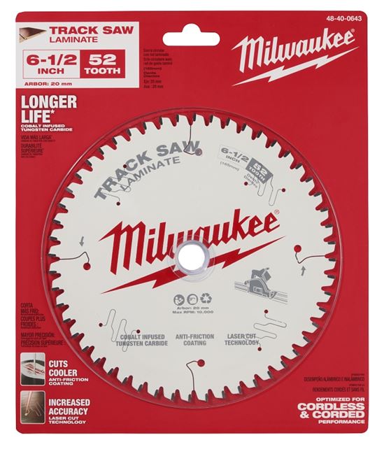 Milwaukee 48-40-0643 Track Saw Blade, 6-1/2 in Dia, 20 mm Arbor, 52-Teeth, Tungsten Carbide Cutting Edge - VORG8350704