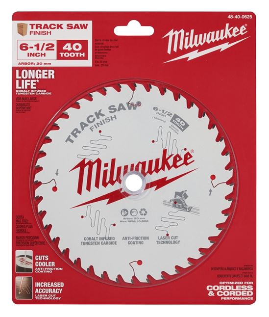 Milwaukee 48-40-0625 Track Saw Blade, 6-1/2 in Dia, 20 mm Arbor, 40-Teeth, Tungsten Carbide Cutting Edge, Pack of 5 - VORG8350670