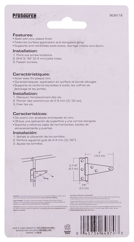 ProSource LTH-Z04-C2PS T-Hinge, Steel, Zinc, Fixed Pin, 180 deg Range of Motion, 26 (Pair) lb - VORG0636118