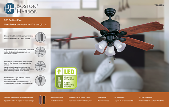 Boston Harbor AC362+3L-NI-3L Ceiling Fan, 5-Blade, Natural Iron Housing, 52 in Sweep, MDF Blade, 3-Speed - VORG7288129