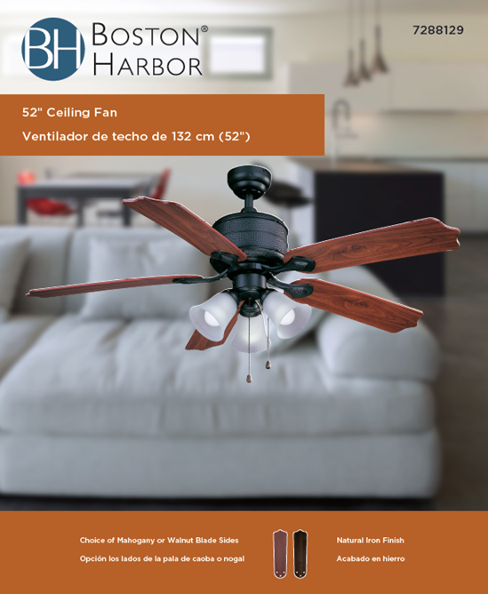 Boston Harbor AC362+3L-NI-3L Ceiling Fan, 5-Blade, Natural Iron Housing, 52 in Sweep, MDF Blade, 3-Speed - VORG7288129