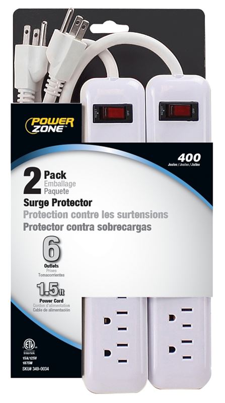 PowerZone OR2013X2 Surge Protector, 125 V, 15 A, 6-Outlet, 400 Joules Energy, White - VORG3490034