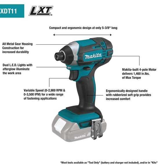 Makita XDT11Z Impact Driver, Tool Only, 18 V, 1/4 in Drive, Hex Drive, 0 to 3500 ipm, 0 to 2900 rpm Speed - VORG5606355