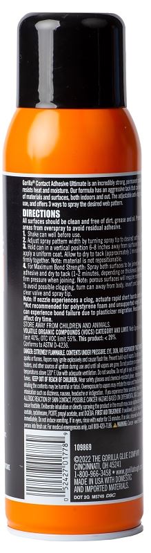 Gorilla 109852 Contact Adhesive Ultimate Spray, Characteristic, Light Yellow, 24 hr Curing, 12.2 oz Can, Pack of 6 - VORG5123146