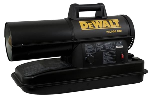 DeWALT F340760 Forced Air Heater, 6 gal Fuel Tank, Kerosene, 75,000 Btu/hr, 1750 sq-ft Heating Area, Black