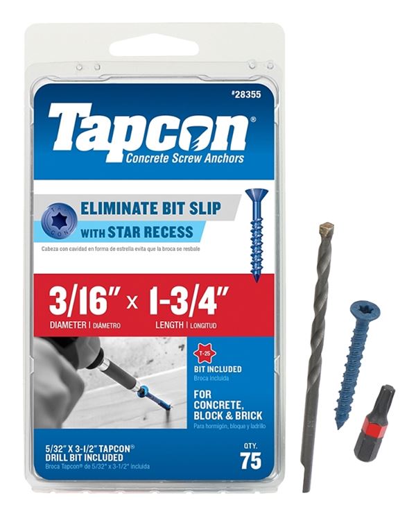 Buildex Tapcon 28355 Concrete Screw Anchor, 3/16 in Dia, 1-3/4 in L, Steel, Climaseal, 75/PK