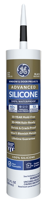 GE Advanced Silicone 2 2813670 Window & Door Sealant, Black, 24 hr Curing, 10.1 fl-oz Cartridge, Pack of 12