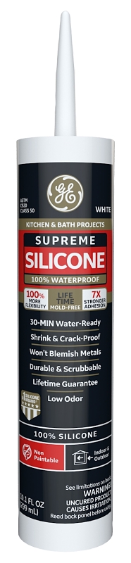 GE Supreme Silicone 2821640 Kitchen & Bath Sealant, White, 24 hr Curing, 10.1 fl-oz Cartridge, Pack of 12