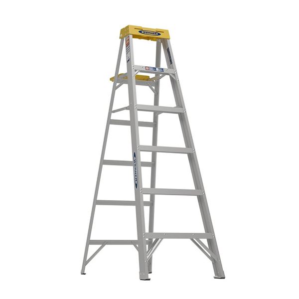 WERNER 376 Step Ladder, 6 ft Max Reach H, 5-Step, 300 lb, Type IA Duty Rating, 3 in D Step, Aluminum, Black