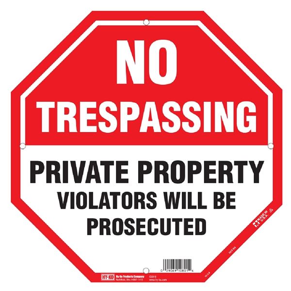 Hy-Ko OCT-110 Property Sign, Octagon, NO TRESPASSING PRIVATE PROPERTY VIOLATERS WILL BE PROSECUTED, Black/White Legend, Pack of 5