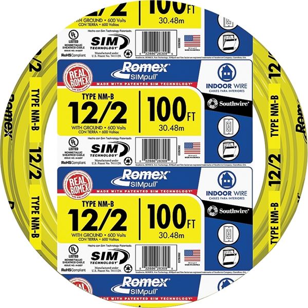 Romex 12/2NM-WGX100 Building Wire, 12 AWG Wire, 2 -Conductor, 100 ft L, Copper Conductor, PVC Insulation