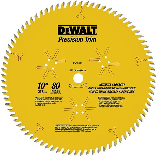 DeWALT Precision Trim DW3218PT Saw Blade, 10 in Dia, 5/8 in Arbor, 80-Teeth, Carbide Cutting Edge