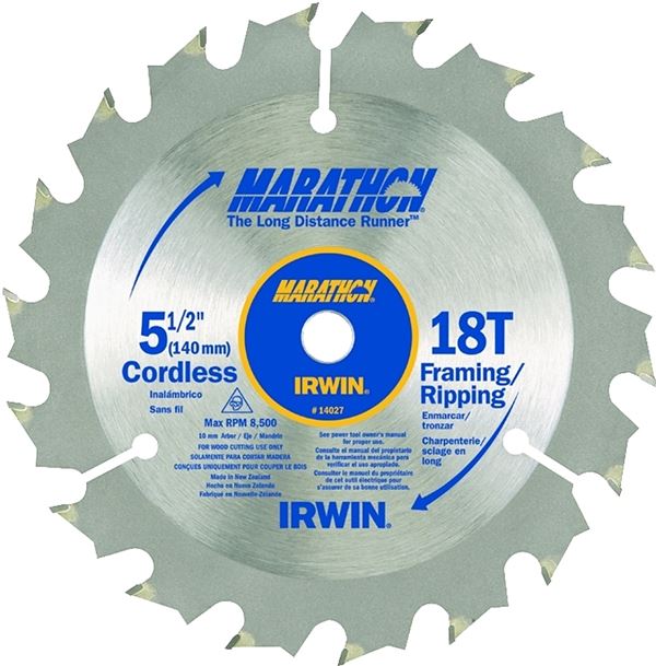 Irwin Marathon 14027 Circular Saw Blade, 5-1/2 in Dia, 0.39 in Arbor, 18-Teeth, Carbide Cutting Edge