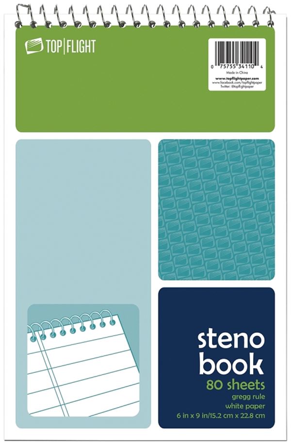 Top Flight 4600948 Steno Pad, Rule Sheet, 6 in L x 9 in W Sheet, 80-Sheet, White Sheet, Wirebound Binding, Pack of 6