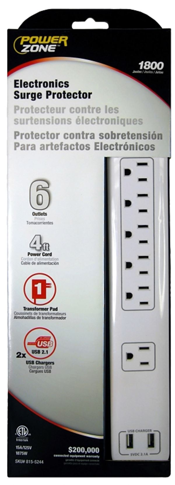 PowerZone OR525106 Surge Protector Power Strip, 125 V, 15 A, 6-Outlet, 1800 Joules Energy, White