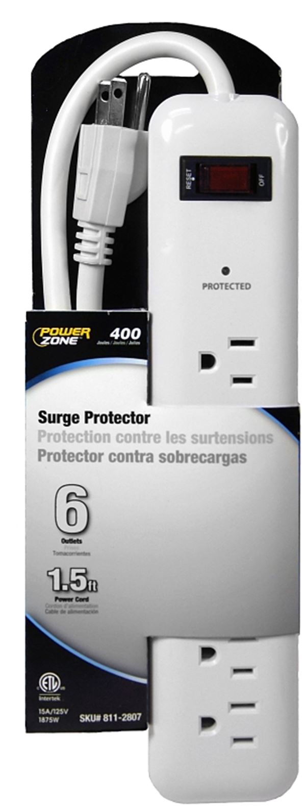 PowerZone OR802013 Surge Protector Power Strip, 125 V, 15 A, 6-Outlet, 400 Joules Energy, White