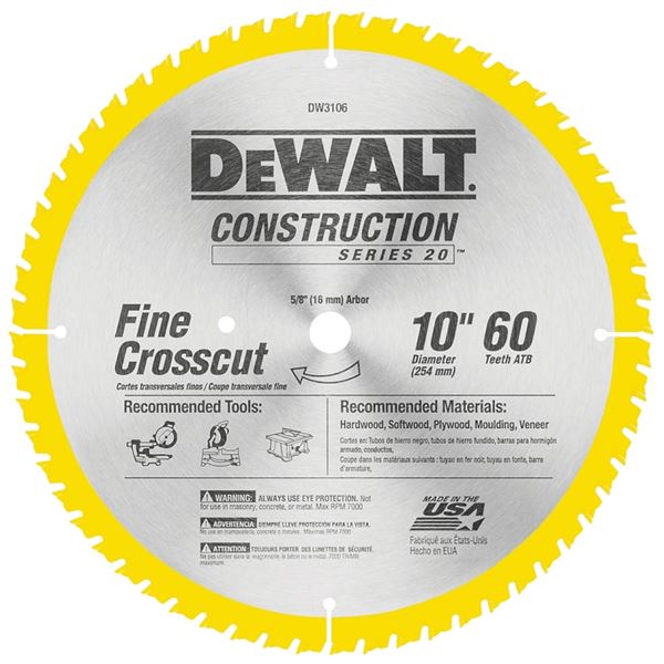 DeWALT DW3106 Saw Blade, 10 in Dia, 5/8 in Arbor, 60-Teeth, Carbide Cutting Edge