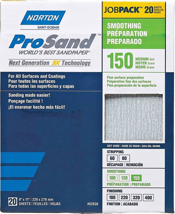 Norton ProSand 07660768171 Sanding Sheet, 11 in L, 9 in W, Medium, 150 Grit, Aluminum Oxide Abrasive, Paper Backing