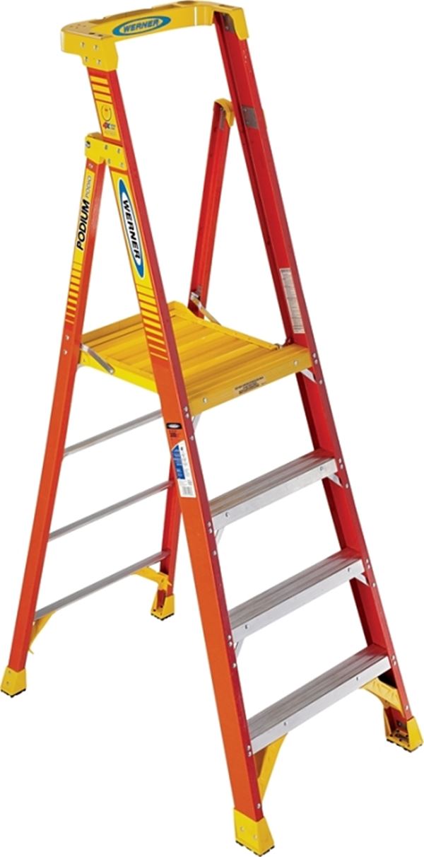 Werner PD6204 Ladder, 4 ft Max Standing H, 300 lb, Type IA Duty Rating, 4-Rung, 3 in D Step, Fiberglass, Yellow