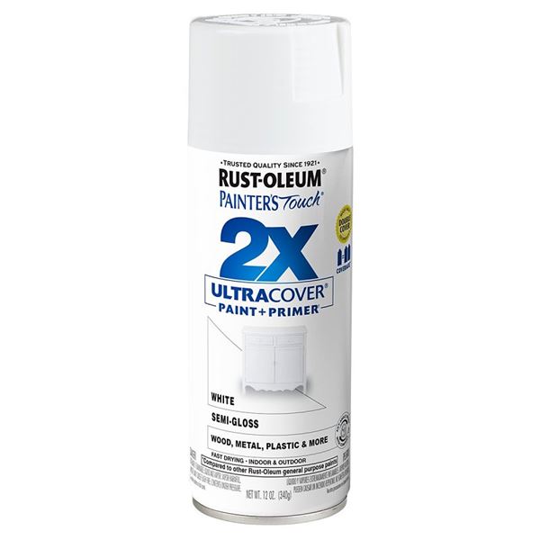 Rust-Oleum Painter's Touch 2X Ultra Cover 334098 Spray Paint, Semi-Gloss, White, 12 oz, Aerosol Can