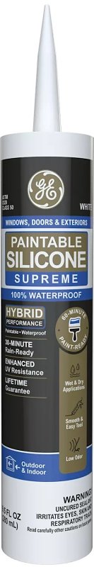 GE Paintable Silicone Supreme 2733730 Window & Door Sealant, White, 24 hr Curing, 10.1 fl-oz Cartridge, Pack of 12