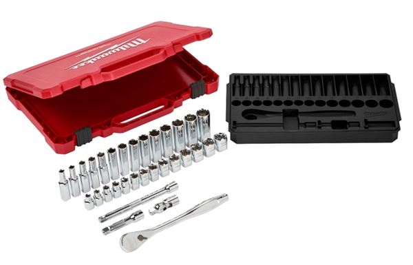 Milwaukee 48-22-9508 Ratchet and Socket Set, Alloy Steel, Chrome, Specifications: 3/8 in Drive Size, Metric Measurement