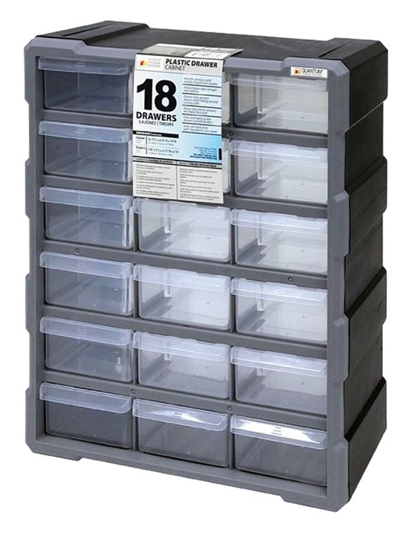 Quantum Storage Systems PDC-18BK Small Parts Organizer, 15 in L, 6-1/4 in W, 18-3/4 in H, 18-Drawer, Polypropylene