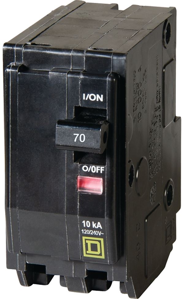 Square D QO QO270CP Circuit Breaker, Mini, 70 A, 2 -Pole, 120/240 VAC, 48 VDC, Plug Mounting, Black